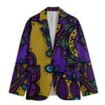 Purple and gold patterned blazer.