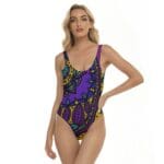 Model in colorful patterned swimsuit.