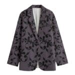 Gray blazer with black floral pattern.