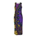 Purple maxi dress with colorful pattern.