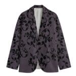 Stylish gray blazer with decorative black pattern.