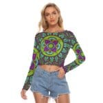 Woman in patterned crop top and shorts.