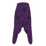 Purple harem pants with black designs.