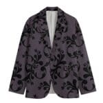 Purple blazer with black floral pattern.