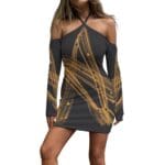 Black and gold halter mini dress.