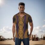 Man in gold and purple patterned shirt.