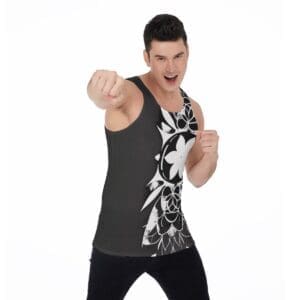 Man in black and white floral tank top.