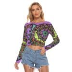 Woman in mandala print crop top and shorts.