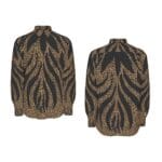 Here's an alt tag for the image: Brown and black animal print shirt, front and back.