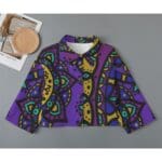 Purple mandala print button-up shirt.