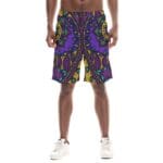 Man in patterned purple shorts.