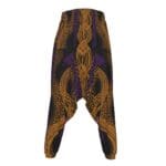 Here's an alt tag for the image: Gold and purple patterned harem pants.