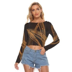 Woman in abstract print mesh top and shorts.