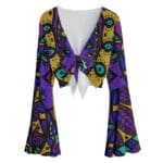Purple and gold patterned bell sleeve crop top.