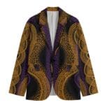 Abstract patterned blazer in gold and purple.