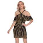 Woman in brown and black animal print dress.