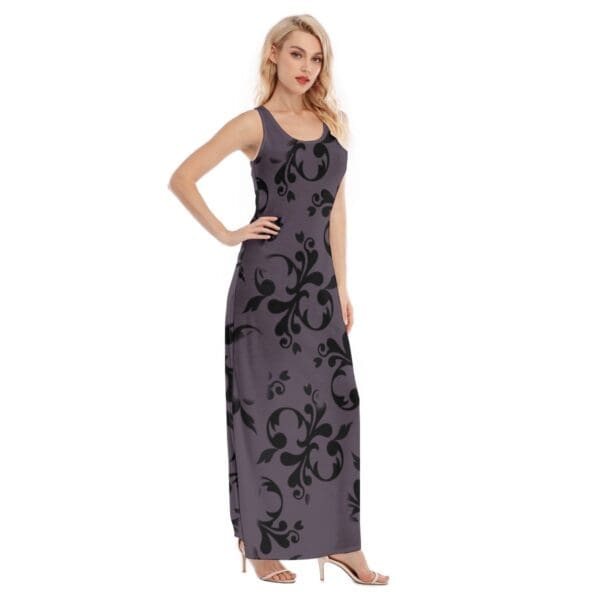 Purple maxi dress with black floral print.
