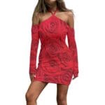 Red rose print halter mini dress.