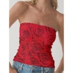 Red rose strapless top on model.