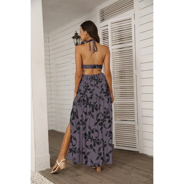 Purple floral print halter maxi dress.