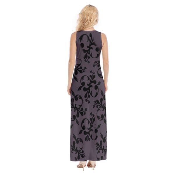 Purple maxi dress with black floral print.