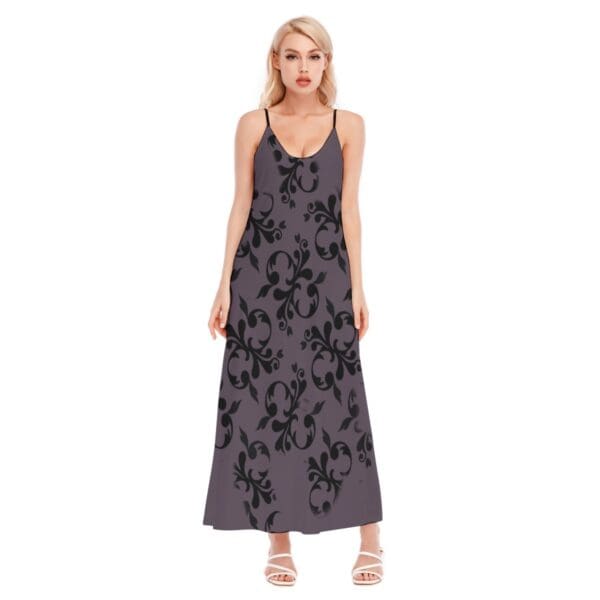 Woman in mauve floral maxi dress.