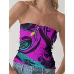 Abstract print strapless top.