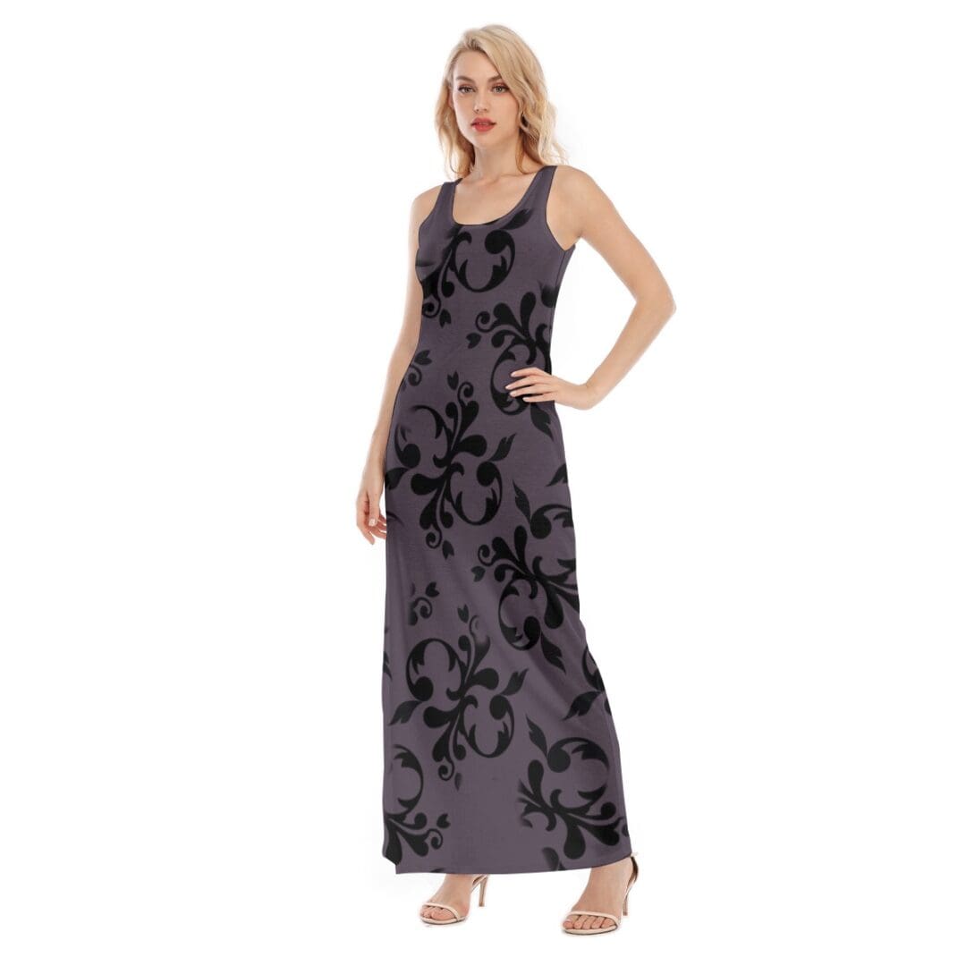 Model in purple floral maxi dress.