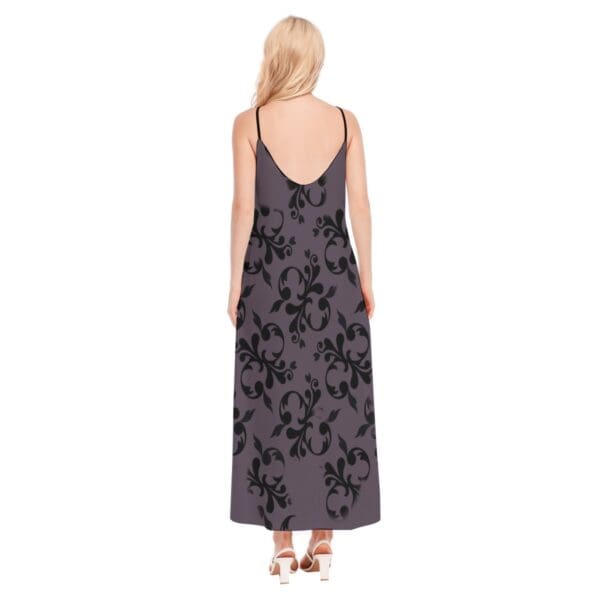 Purple maxi dress with black floral print.