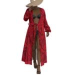 Red rose print kimono, hat, heels.