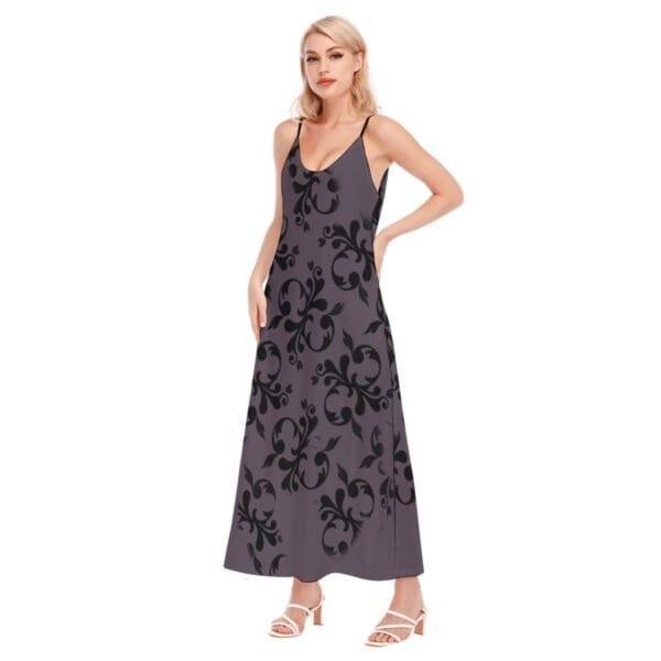 Purple floral maxi dress, model posing.