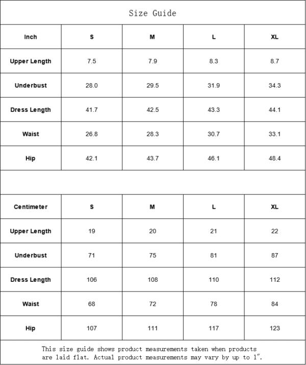 Clothing size chart in inches and centimeters.