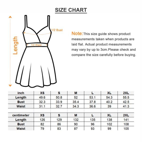 Dress size chart with measurements.