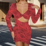 Red rose print cutout mini dress.