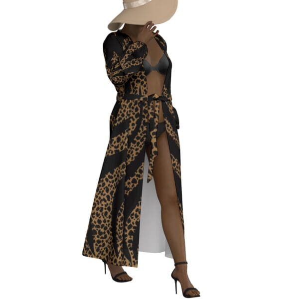 Woman in leopard print robe and hat.