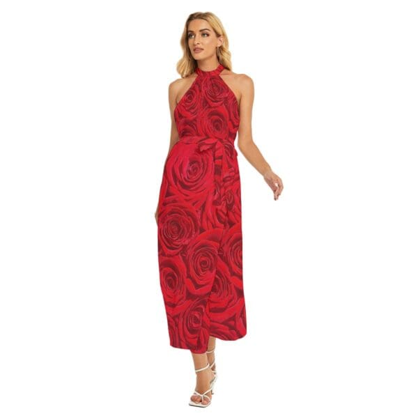 Women's Wrap Hem Belted Halter Dress Sizes XS-2XL in Roses Are Red