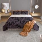 Modern bedroom with floral-patterned bedding.