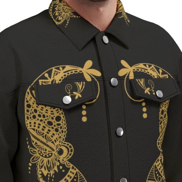 Black denim jacket with gold paisley design.