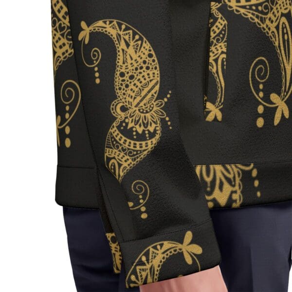 Black jacket with gold paisley pattern.