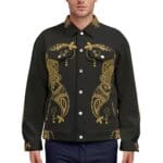 Black denim jacket with gold paisley design.