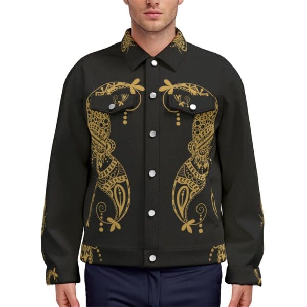 Black denim jacket with gold paisley design.