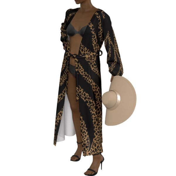 Woman in leopard-print robe and hat.