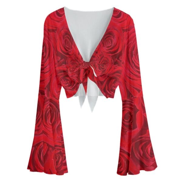 Red rose print bell sleeve crop top.