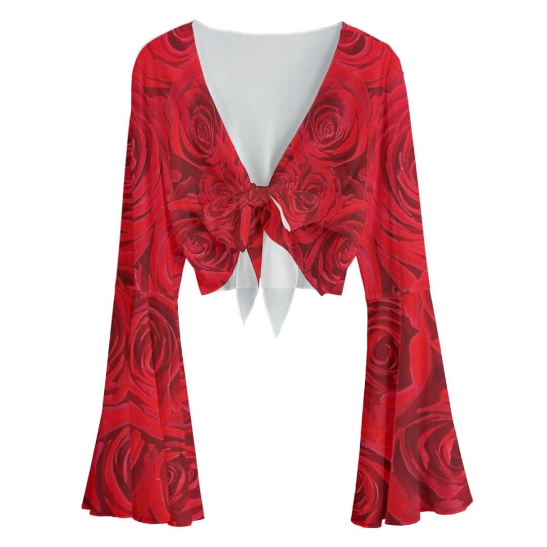 Red rose print bell sleeve crop top.