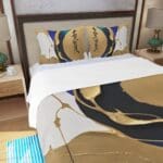 Elegant bed with abstract gold bedding.