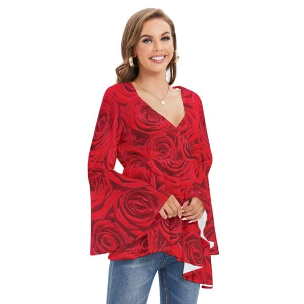 Women's V-neck Blouse With Flared Sleeves Sizes XS-2XL in Roses Are Red - Image 2