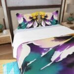 Colorful floral bedding in modern bedroom.