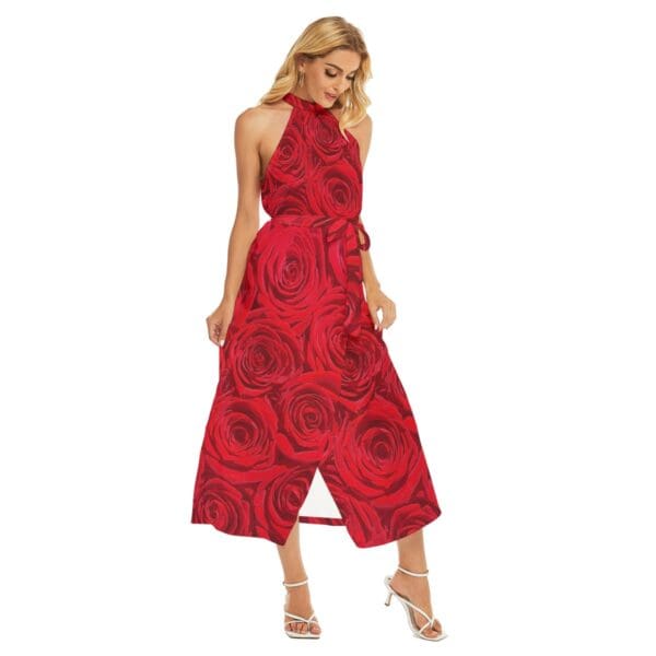 Women's Wrap Hem Belted Halter Dress Sizes XS-2XL in Roses Are Red - Image 2