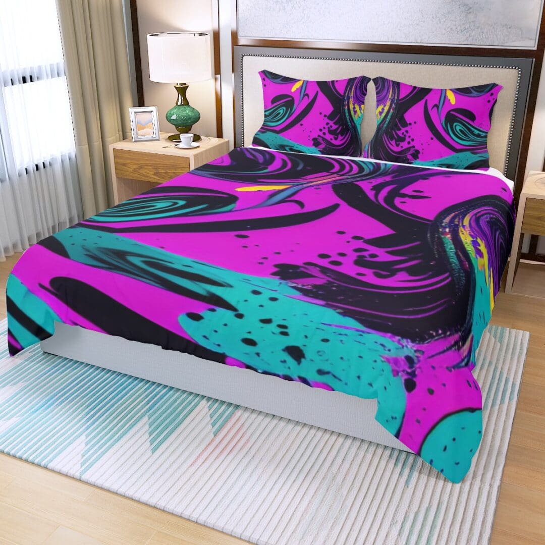 Colorful abstract bedspread in modern bedroom.