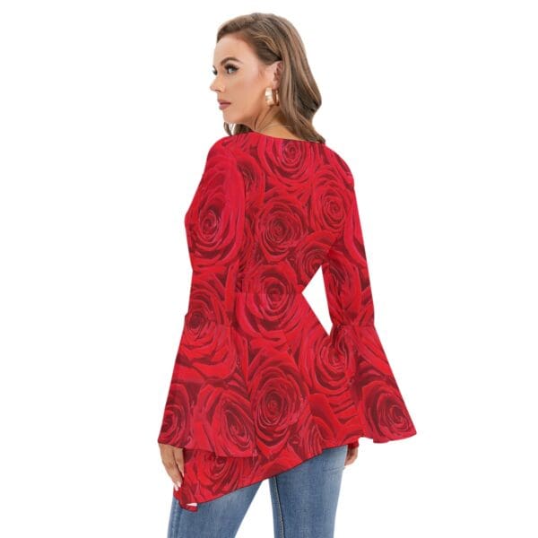 Women's V-neck Blouse With Flared Sleeves Sizes XS-2XL in Roses Are Red - Image 4
